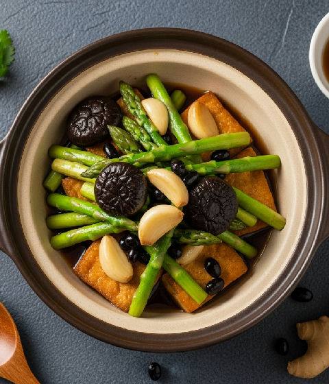 Braised Firm Tofu with Asparagus and Fermented Black Beans