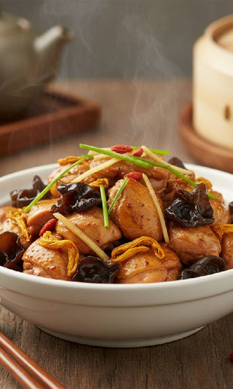 Steamed Chicken with Dried Lily Flowers and Wood Ear Mushrooms