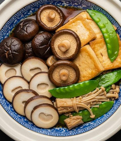 Braised Tofu and Mixed Mushrooms with Snow Peas