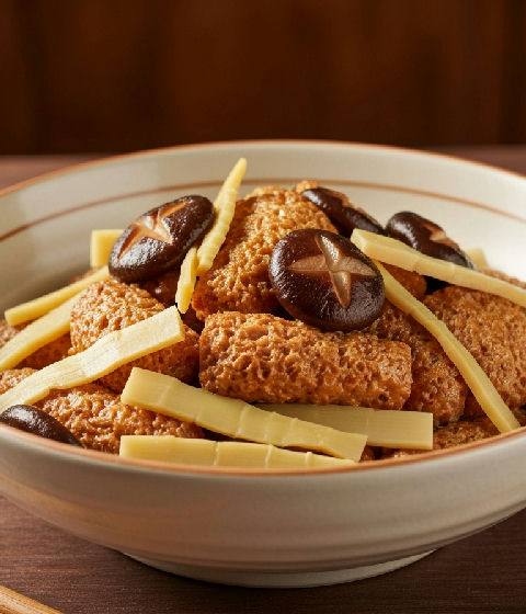 Braised Wheat Gluten with Shiitake Mushrooms and Bamboo Shoots