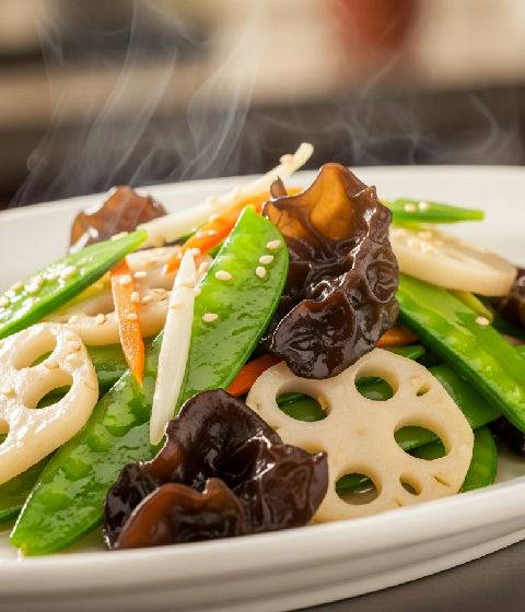 Stir-fried Snow Peas with Water Chestnuts and Wood Ear Mushrooms