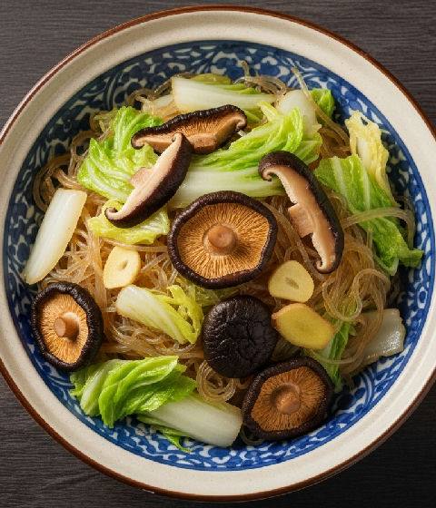 Stir-fried Napa Cabbage with Dried Shiitake Mushrooms and Glass Noodles