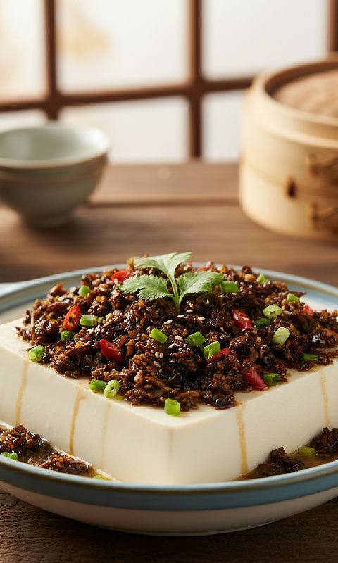 Steamed Silken Tofu with Preserved Mustard Greens and Shiitake Mushrooms