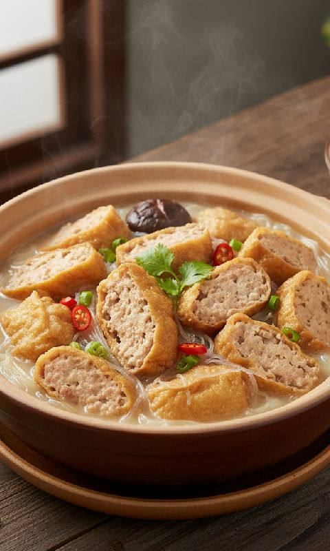 Braised Vegetarian Hakka Stuffed Tofu with Glass Noodles