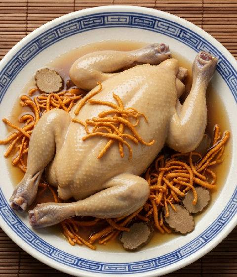 Steamed Whole Chicken with Cordyceps Sinensis and Chinese Herbs