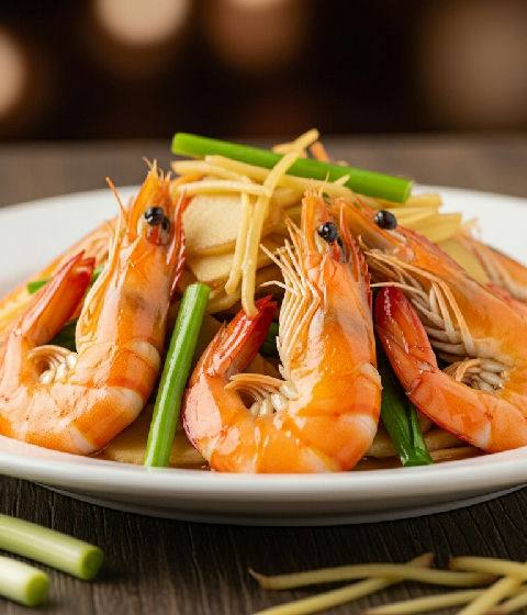 Stir-fried Prawns with Ginger and Scallions