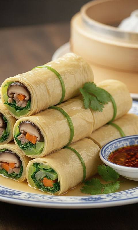 Steamed Beancurd Skin Rolls with Assorted Mushrooms