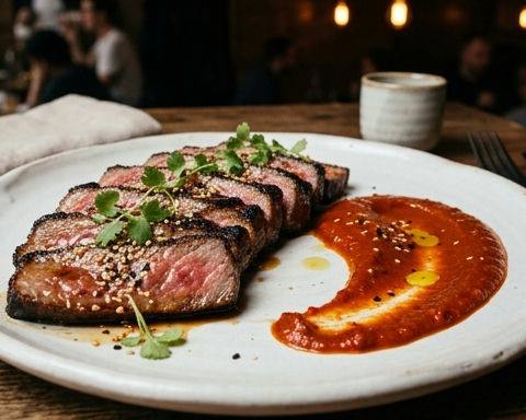 Wagyu Charcoal-Grilled Soy Sauce Beef with Roasted Tomato and Red Pepper Sauce