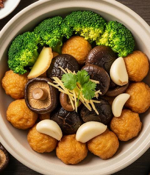Braised Shiitake Mushrooms with Fried Tofu Puffs and Broccoli