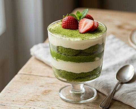 Cold Matcha Tiramisu with Strawberries